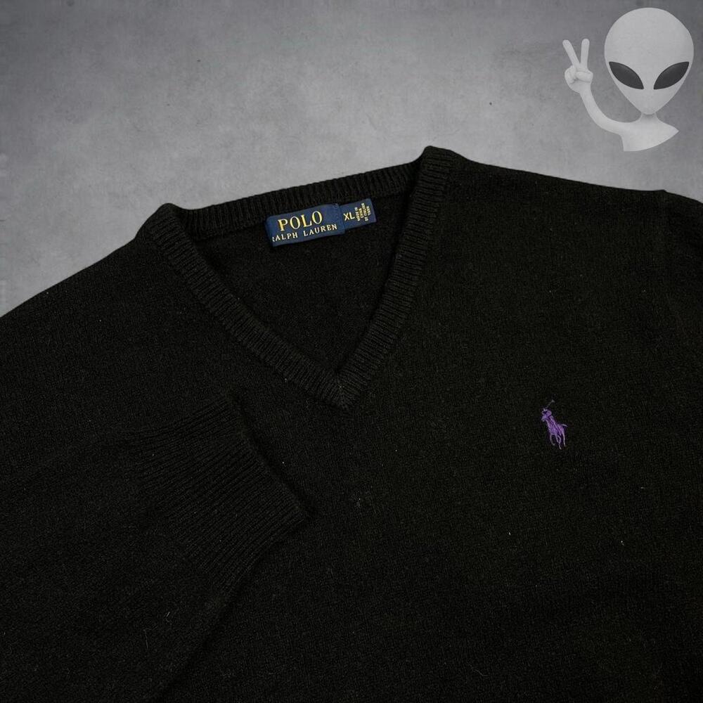 Polo Ralph Lauren Knit Sweater XL Black V neck Wool Pullover Classic Vintage